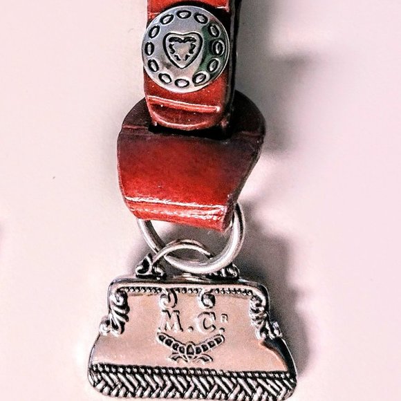 Women's Leather Keychain, Pewter M. C. Purse Charm ~ Heavy-Duty Silver Ring VTG - Picture 1 of 7